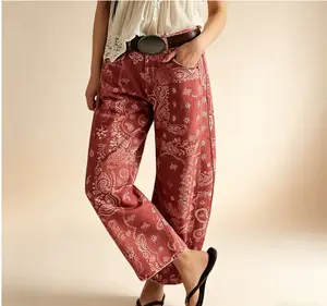 Women's Printed Wide-Leg Jeans Y2k Loose Mid-Rise Jeans in Soft Pink with Boho Floral Pattern Casual Denim Trousers