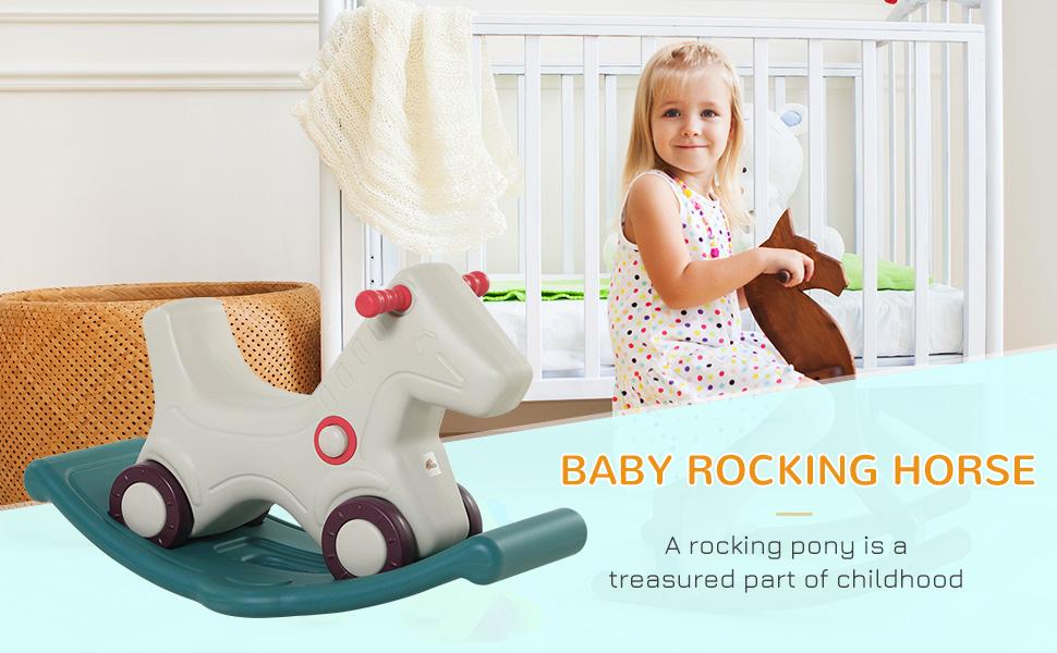 Qaba 3-in-1 Kids Portable Slide Rocking Horse Toy with Basketball Hoop for Age 1.5-3 Boys and Girls, Mint Green