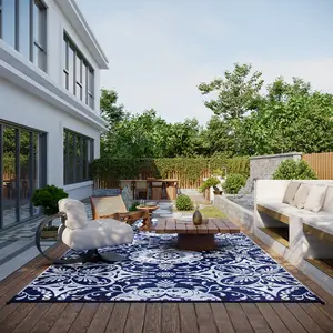 9' x 18' Waterproof Reversible Plastic Straw Outdoor Rug, Blue & White Floral Decor Mat for Patio, Camping RV Backyard