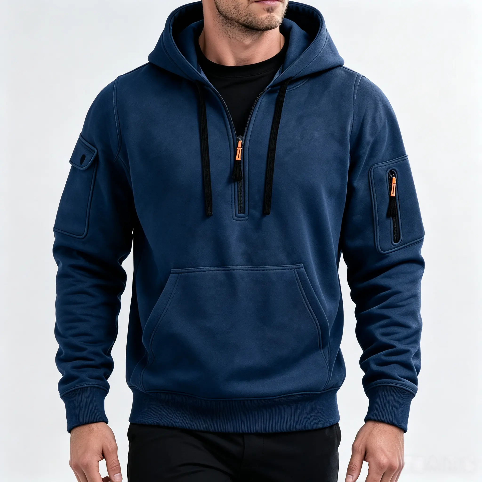 Menswear Men’s Autumn Winter Half-Zip Hooded Sweatshirt - Workwear Design, Solid Color, Kangaroo Pockets, Casual Long-Sleeve Pullover Top