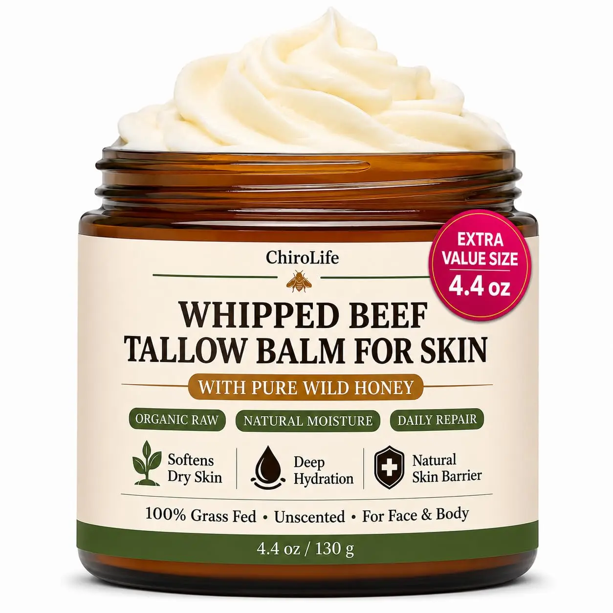 Grass-Fed Beef Tallow for Skin, Whipped Tallow and Honey Balm for Face, Pure Tallow Face Moisturizer, Organic Beef Tallow Balm & Cream with Natural Beeswax - 4.4 oz