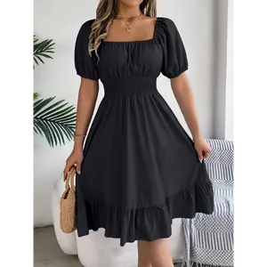 Women'S Summer Midi Dress - Solid Color Square Neck with Shirred Waist, Short Sleeve, Ruffle Hem, Polyester 95% Elastane 5%, Casual A-Line for Wedding, Graduation, Engagement, Ceremony, Party, Vacation, Birthday summer outfits