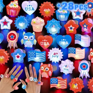 28Pcs 4th of July Patriotic Glow Rings, Red White Blue Light Up Rings, Independence Day Party Favors, Kids Toy Rings, Festival Accessories, Classroom Gifts, Goodie Bag Fillers, Fun Dress Up Jewelry, Boys Girls Party Supplies