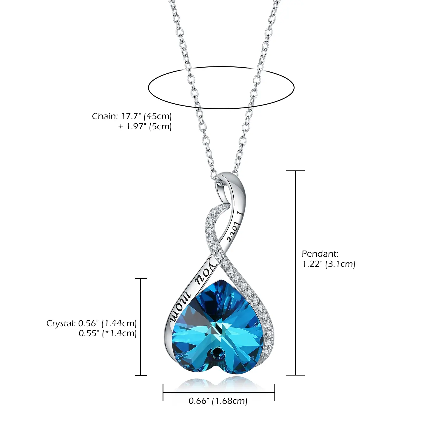 OIDEA Female Crystal Necklaces - Sterling Silver-Tone Metal Coating Infinity Heart Pendant, Bermuda Blue-Tone Faceted Crystal, 17.7in Adjustable Chain, Lightweight Bling Effect Gift for Mom (Anniversary, Birthday), Blue Crystal