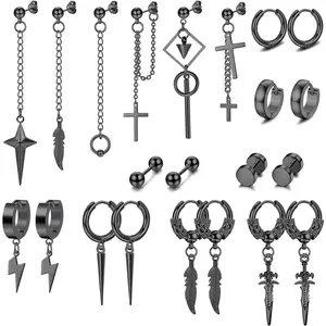 MILACOLATO 22Pcs Stainless Steel Hinged Hoop Earrings Long Chain Stud Cross Dangle Earrings Set Dangle Earrings for Men Kpop Earrings for Mens Black, Silver Daily