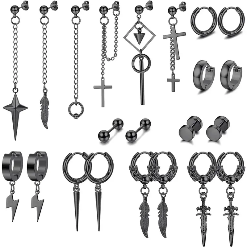 MILACOLATO 22Pcs High Quality Stainless Steel Earring Stacks - Hinged Hoop Shape, Long Chain Stud Cross Drop Earrings for Men, Black & Silver Daily Fashion Jewelry