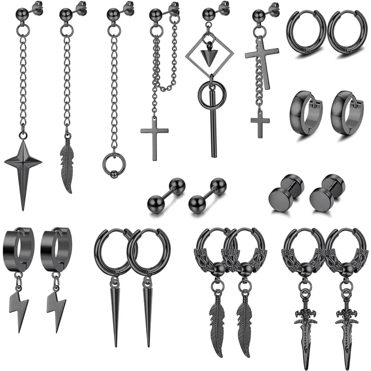 MILACOLATO 22Pcs Stainless Steel Hinged Hoop Earrings Long Chain Stud Cross Dangle Earrings Set Dangle Earrings for Men Kpop Earrings for Mens Black,