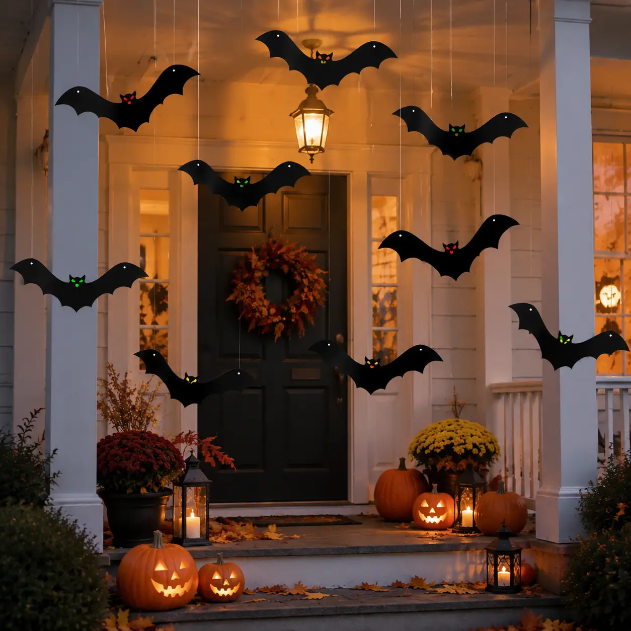24PCS Halloween Hanging Bats Decorations, 3D Hanging Effect Flying Bat Silhouettes with Glow in the Dark Eyes Stickers, Black Bat Cutouts for Indoor Outdoor Spooky Season Decor
