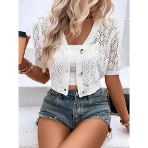 Women’s plain hollow-front sweater (without bottoms or an inner top), summer casual short-sleeved cardigan, fashionable women’s knit sweater, suitable for everyday wear GARMENTARY