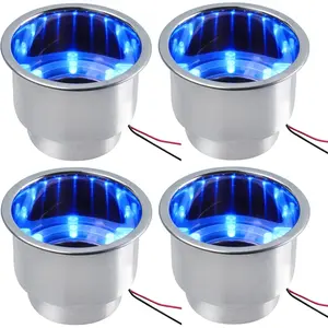 Boat Cup Holders LED 4 PCS, Marine Cup Holders for Boats, Stainless Steel Cup Holder Insert, 4" OD x 3-1/8" D, Spill-Proof & Night Mood Lighting for Boats,