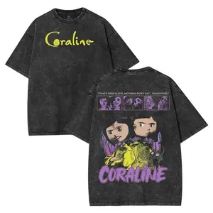 Coraline Washed Shirt Vintage 2 Sided Print Oversized Unisex Cotton Graphic Tee Retro Black Art Top Halloween Streetwear Menswear