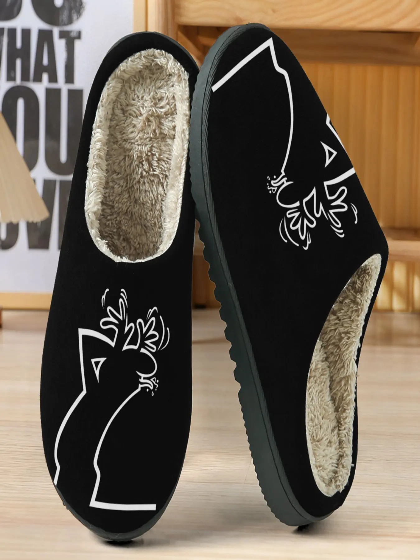 Abstract Tongue-Out Deer Cotton Slippers, Bottom Simple Deer Illustration, Warm Fuzzy Lining, Casual Home Wear for Fall & Winter