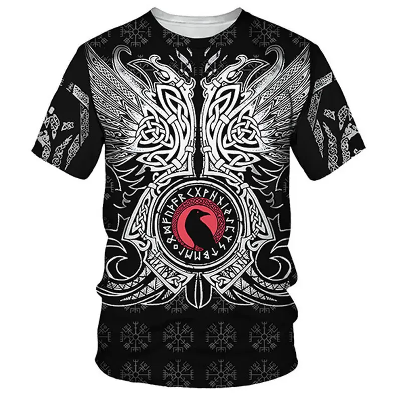 Summer Crew Neck Casual Short-Sleeve T-Shirt, Men Viking Valknut Mjolnir Raven 3D All Over Print T-Shirt, Nordic Mythology Casual Streetwear Top