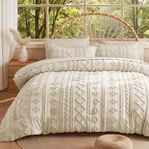 Beige Comforter Set Queen, Tufted Boho Bedding Set, Farmhouse Bed in a Bag Set 7 Pieces with 1 Comforter, 2 Pillow Shams, 2 Pillowcases, 1 Flat Sheet, 1 Fitted Sheet for All