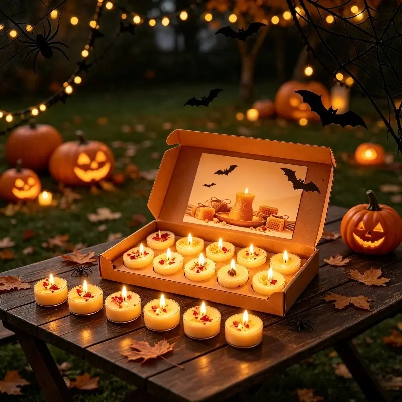 Halloween-Themed Plant-Based Dried Flower Decorative Soy Wax Tealights (12-Pack) - Smokeless Fragrance, Round Aluminium Cups, Cotton Wick, Ideal for Bedroom Home Decor, Delicate Holiday Gift for Women