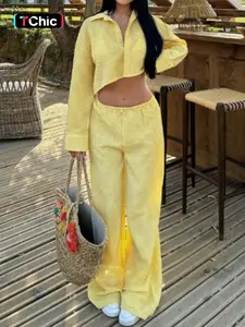 Casual Vacation Style Gingham Blouse and Wide Leg Pants Two Piece Set, Long Sleeve Fitted Cropped Top, Natural Waist, H Type Silhouette, Outfit, Womenswear