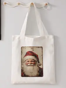 Christmas Santa Print Casual Storage Bag, Night Scene Design, Fashionable & Trendy, Perfect for Shopping, Office, Daily Use