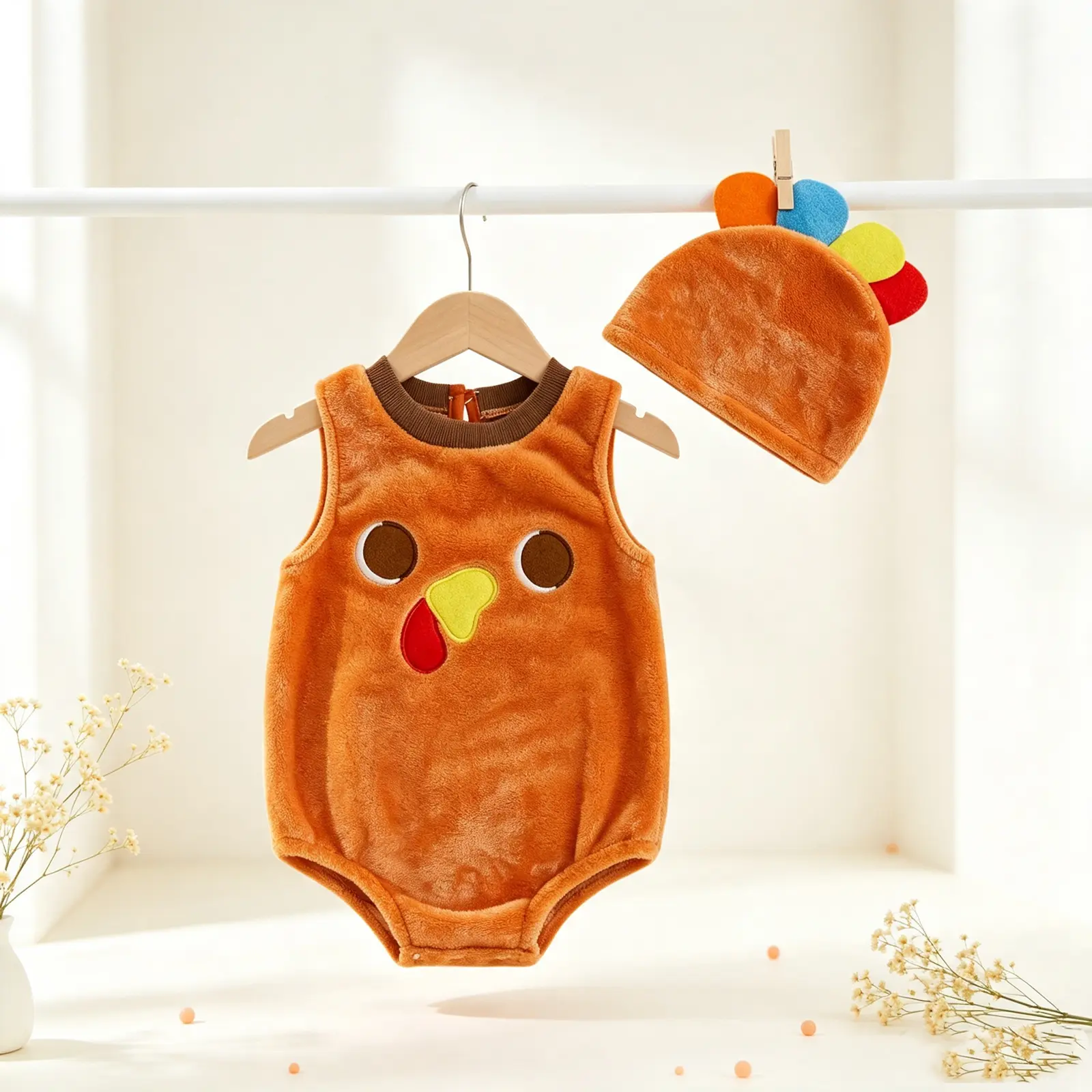 2 Pcs Baby Thanksgiving Turkey Costume Plush Sleeveless Round Neck Romper with Hat Set