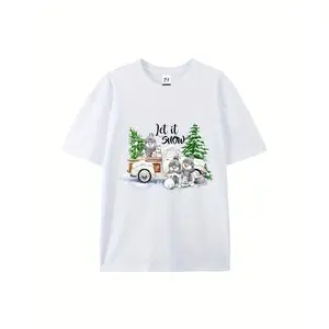 Women's Winter Snow-Themed Graphic T-Shirt - Cute Penguin & Snowman Print Short Sleeve Crew Neck Relaxed Fit Soft Breathable Fabric, Machine Washable Casual Top for Christmas & Casual Attire, Cozy Winter Outfits (Brown/White/Gray) Festive Holiday Style