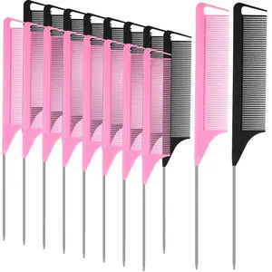 18 Pieces Parting Comb for Braids, Rat Tail Teasing Stainless Steel Pintail Comb for Hair Cutting Hair Styling Hairdressing (Black, Pink)