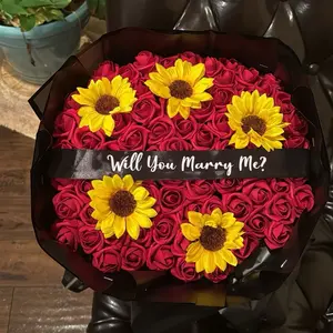 Sunflower Bouquet - Custom Ribbon Message with Red Foam Flowers & 75-Count or 125-Count Roses - Customizable for Birthdays, Anniversaries & More