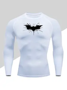 Men's Quick-Dry Compression Shirt, Batwing Print Long Sleeve, High Elasticity, Breathable, Moisture-Wicking, Outdoor Fitness Running, Athletic Compression Shirts