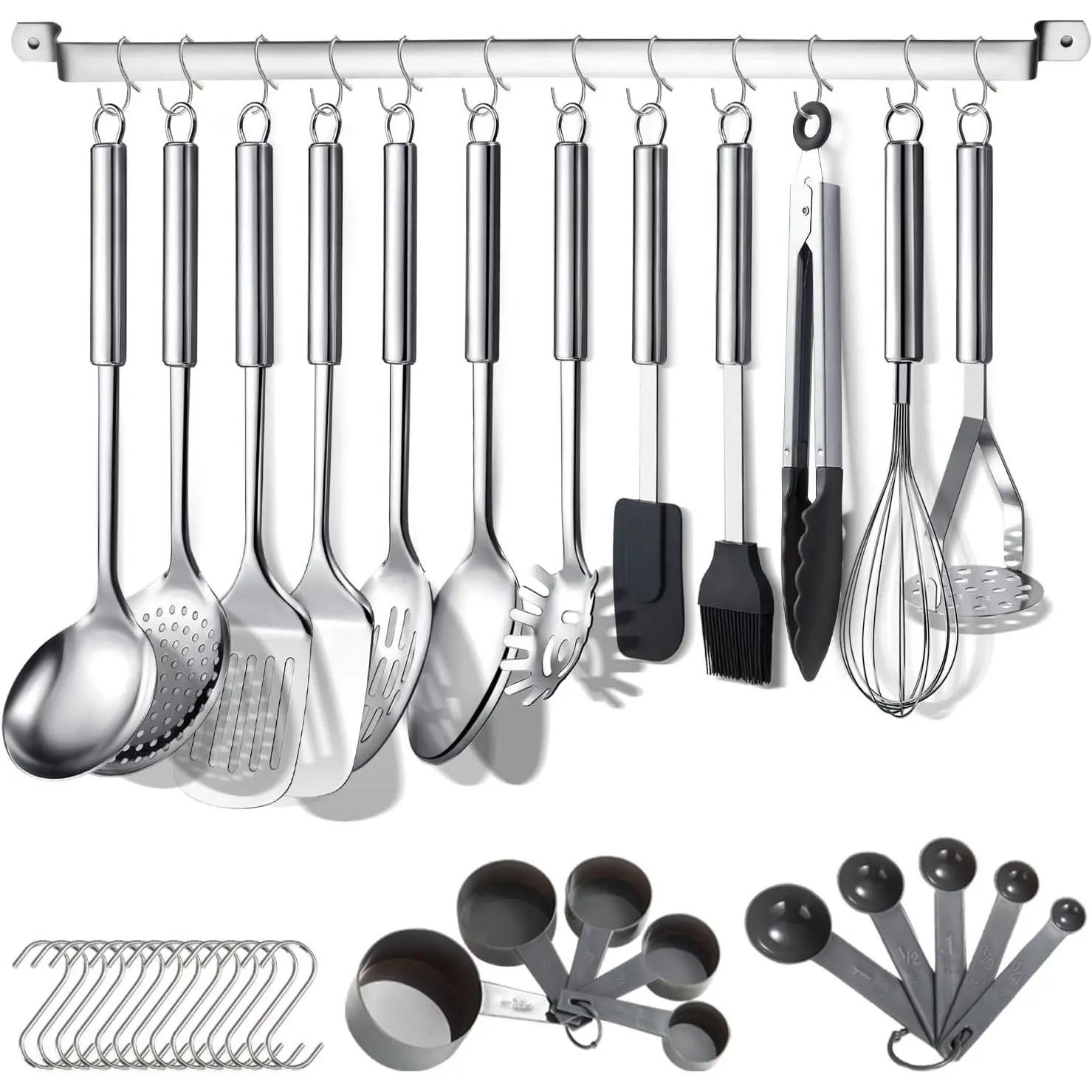 Kitchen Utensils Set 38 count, Stainless Steel Cooking Utensils Set, Kitchen Gadgets Cookware, Kitchen Tool Set with Utensil Holder Rack And Hooks For  Dishwasher Safe