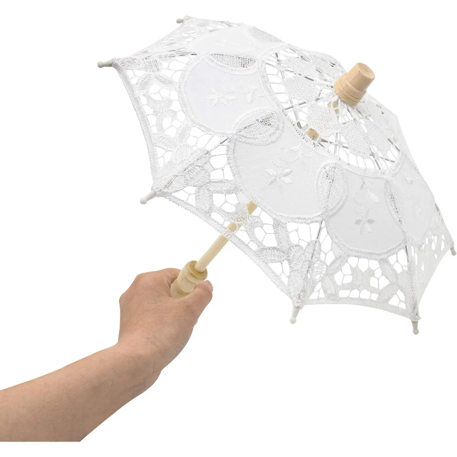 Small 12x14in Vintage Lace Wood-Handle Umbrella - Bride's White Parasol, Photo Prop for Wedding & Decoration