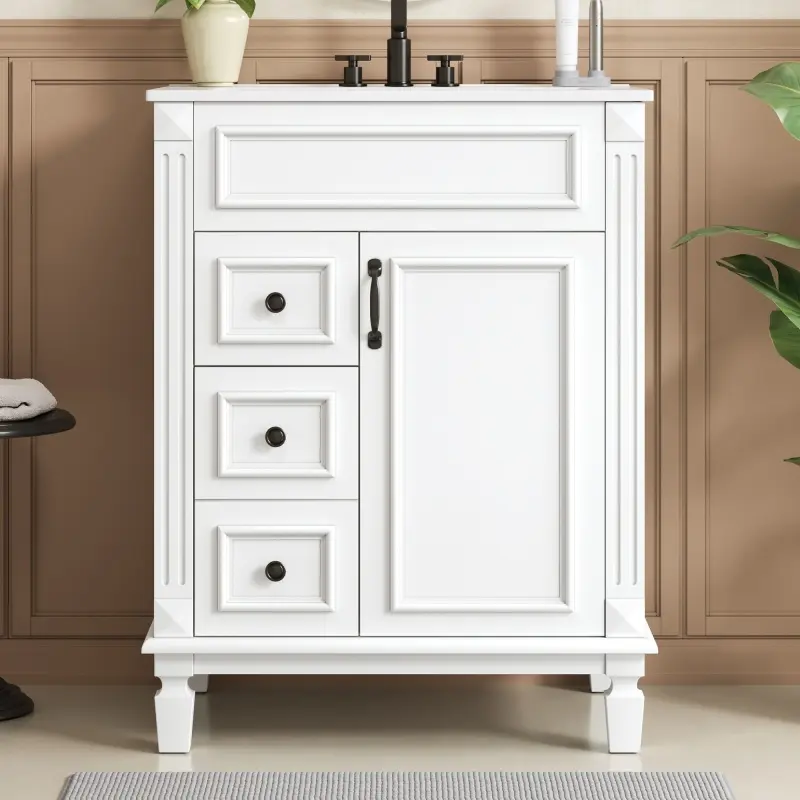 24" Bathroom Vanity with Ceramic Sink, Small Bathroom Sink Cabinet, Modern Cabinet with 2 Drawers and Adjustable Shelf