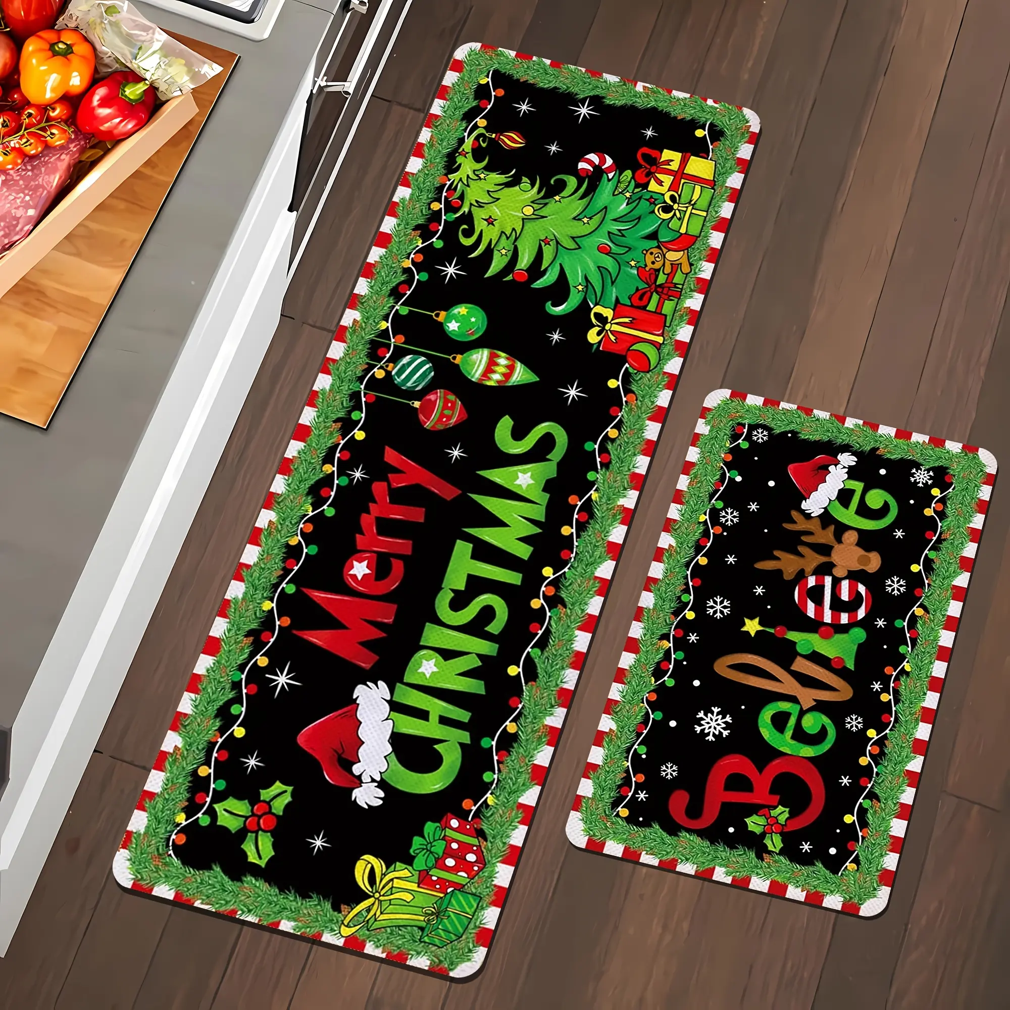 2pcs Christmas Themed Kitchen Floor Mat Set, Christmas Kitchen Mat Set of 2 - "Merry Christmas" Letter Pattern Christmas Kitchen Decor, Machine Washable, Perfect for Kitchen, Home Office, Laundry Room, Bathroom - Christmas Decoration, Premium Flannel