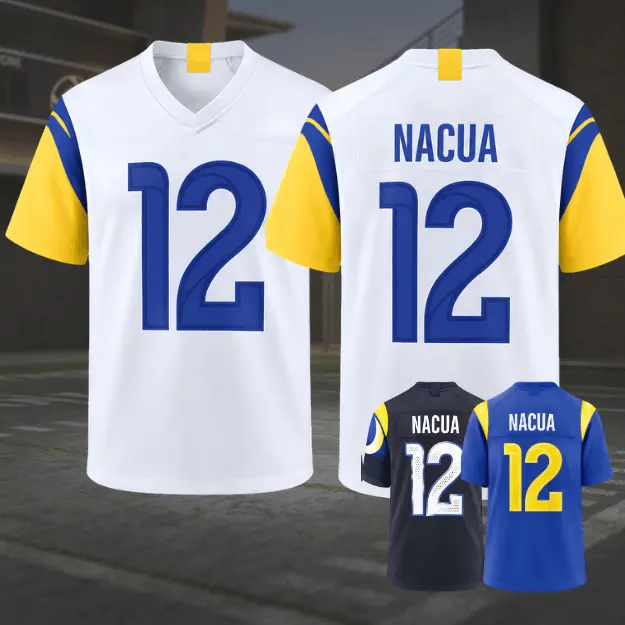 Full Print White/Blue/Black Nacua #12 Football Jersey, Breathable V Neck Short Sleeve Sports Shirt, Retro Style Athletic Uniform, Football Fan Gear, Unisex Player Number Top, Great Gift Idea for Football Fans