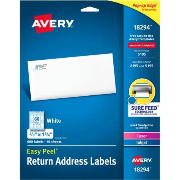 Avery AVE18294 Easy Peal Sure Feed Rectangle Adhesive Address Labels - White, Laser/Inkjet Compatible, 60 per Sheet, Pack of 5, 9.82 x 3.14 x 12.57 in, for Office Organization