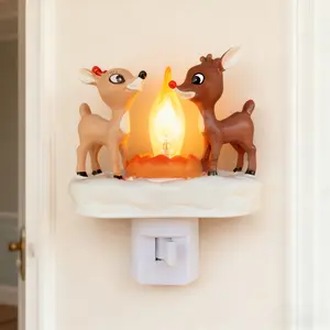 Festival atmosphere light, children's night light, campfire flickering, 3D deer and elk design, campfire flickering night light, 110V plug-in, campfire flickering Handmade LED Bonfire Night Light