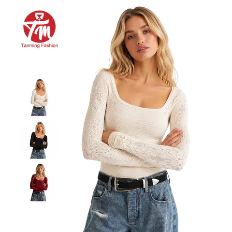 Tanming Womens Fitted Square Neck Top - Stretchy Smocked Knit Pullover - Lace Open-Knit Pointelle Long Sleeve Blouse - Fall Winter Spring Daily Casual Commute Office Date Shopping Party Outdoor Travel Streetwear Outfits