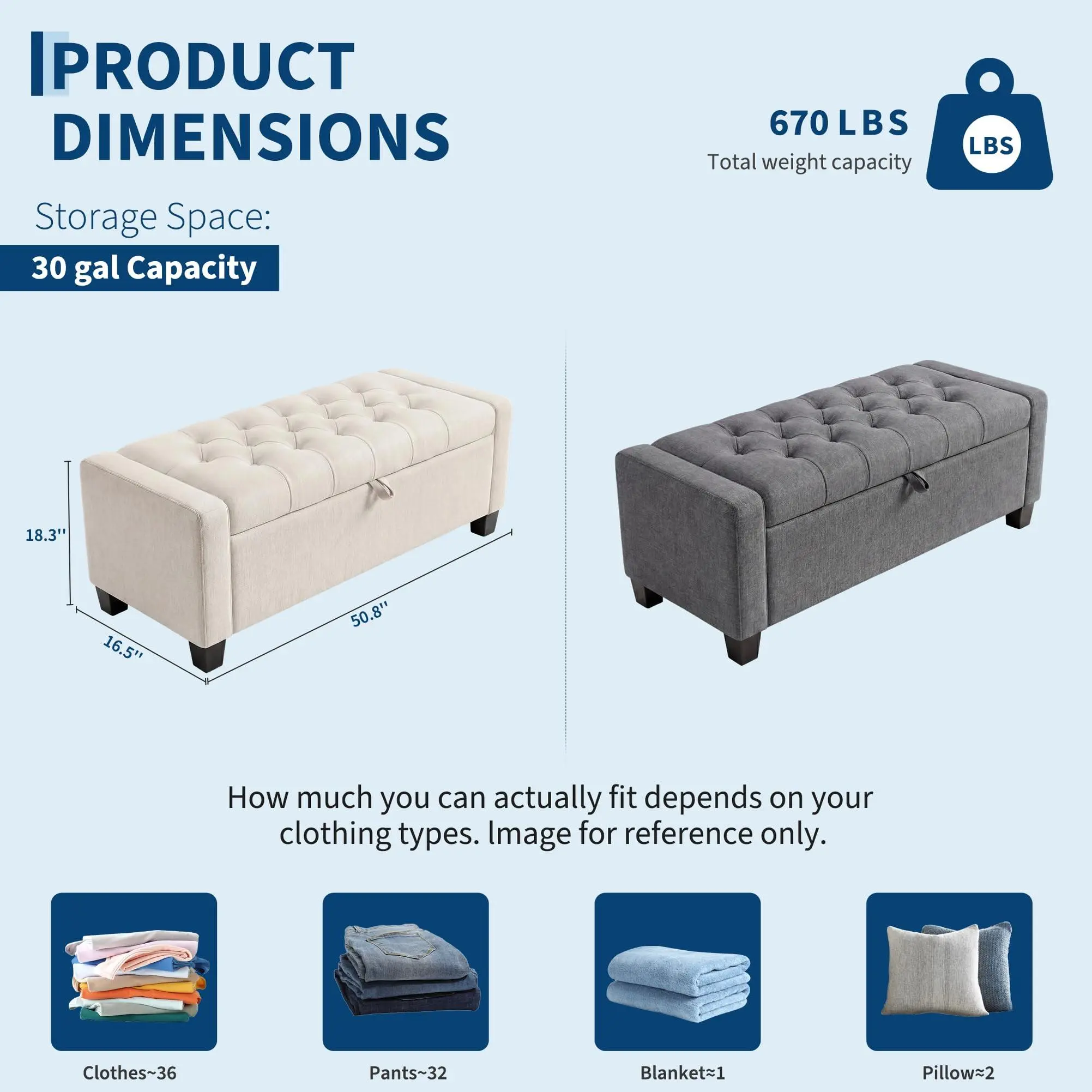 Modern Upholstered Storage Ottoman Bench - 129cm, Soft-Close Hinge, 30 Gallon Capacity, Holds up to 304kg, Perfect for Bedroom, Living Room & Entryway