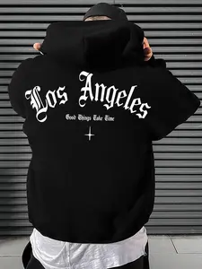Men's Los Angeles Letter Print Thermal Lined Hoodie, Casual Regular Fit Long Sleeve Hooded Sweatshirt for Fall & Winter, Men's Clothes for Daily Wear