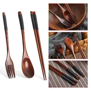 18 Pcs Wooden Tableware Set with Spoons Chopsticks & Forks Handmade Kitchen Utensils for Festive Gatherings & Everyday Use Ideal for Christmas Eve Dinners and Lunch Packing Accessories - Cutlery