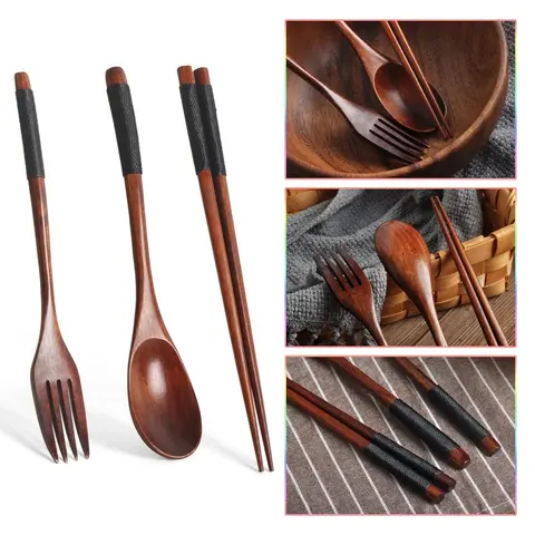 18-Pc Classic Dinnerware Set - Wooden Tableware & Cutlery Set with Spoons, Chopsticks, Forks, Lunchpack-Ready Utensils for 1-5 People, Christmas Eve Dinners & Festive Gatherings