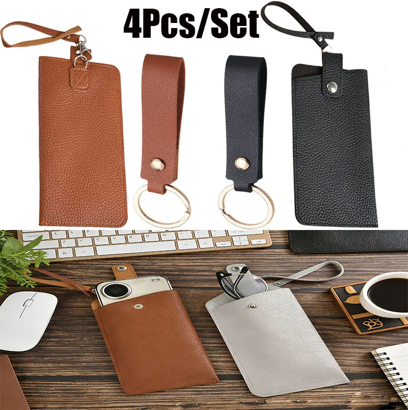 2 Pack PU Leather Eyeglass Pouch with  Keychain Set, Portable Sunglasses Holder with Wrist Strap, Anti-Scratch Soft Glasses Case for Men Women, Multi-Use Eyewear Bag & Key Ring for Commute, Travel, Office