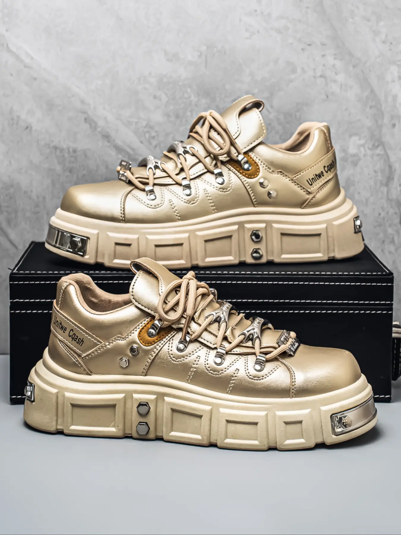 Men's Heavy Metal Platform Shoes, Thick Sole Punk Style, Rivet Design, Comfortable Lining, Outdoor Activities & Daily Wear, Walking Shoes