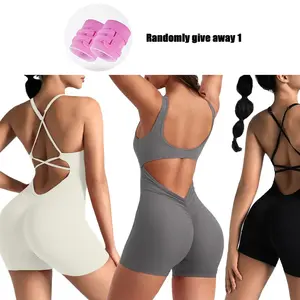 Randomly offer 1 color wristband Women's Seamless Bodysuit with , Cross-Back Design, Slimming Ribbed Fabric, Perfect for Gym and Outdoor Sports, Workout Jumpsuits Seamless Spandex U-Neck Short Sleeved Bodysuit Design for Women's Fitness Gym Clothing