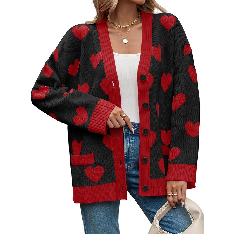 Saodimallsu Womens Oversized Heart Cardigan Color Block V Neck Button Long Sleeve Chunky Valentines Sweaters with Two Pockets & Contrast Trim
