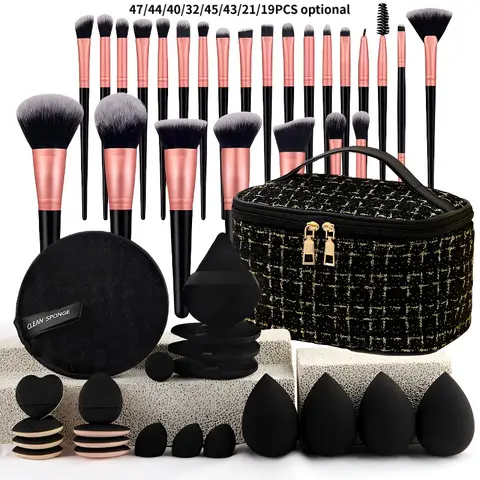 Professional Complete Makeup Brush Set, Portable Travel Beauty Tools, Face and Eye Makeup Brush Combo, with Sponge Puff and Storage Bag for Face Makeup