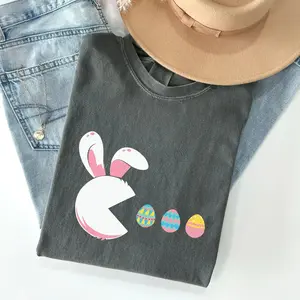 Retro Gaming Style Easter Bunny and Egg Pattern T-Shirt