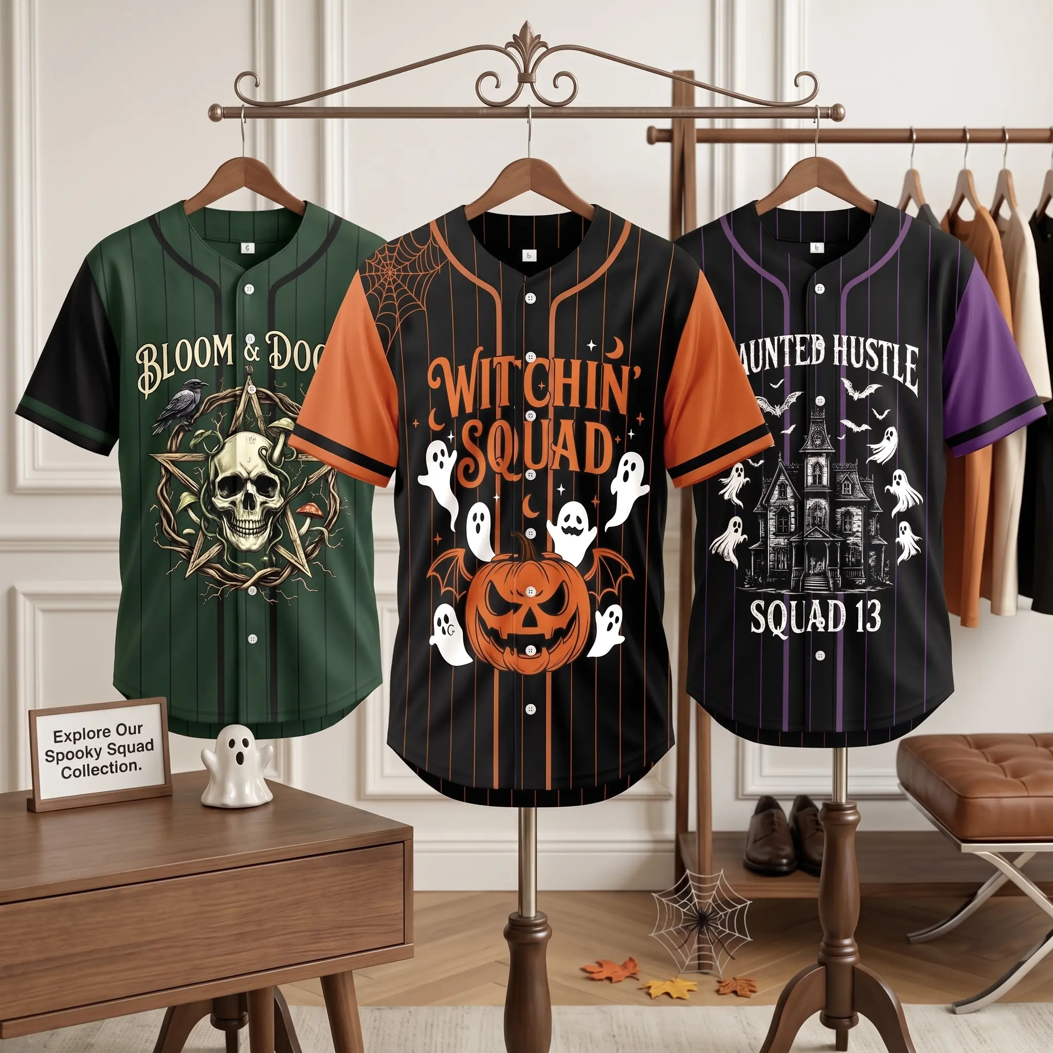 Halloween Spooky Squad Graphic V-Neck Mesh Jersey - 8 Unique Horror Festival Baseball Style Button Down Tops for Men and Women, Family Matching Outfits, Great Gift for Him and Her streetwear comfortable casual shirt