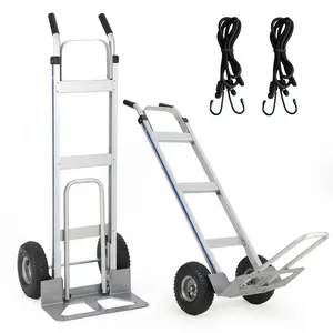Aluminum Hand Truck Dolly Cart, 600 LBS Heavy Duty Dolly with Extendable Base, 10" Pneumatic Tires & Straps,Platform Cart for Warehouse, Moving, Supermarket Transport