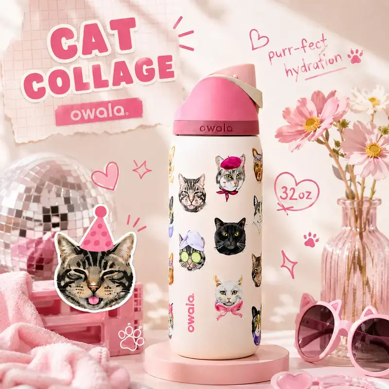 Owala Cute Cat Print Insulated Stainless Steel Water Bottle - 32oz Drinkware Flask with Leakproof Lid, Double-Wall Vacuum Insulation, Reusable for Gym, Outdoor Activities