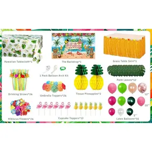Hawaiian Luau Party Decorations(161 Pcs), Tropical Summer Beach Pool Party Supplies Including Aloha Backdrop, Table Skirt, Tablecloth, Flamingo, Palm Leaves and Hibiscus, Balloons Arch, Straws,