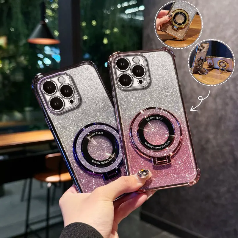 Suitable for [iPhone 15 Pro Max] high-end phone case🥰,Electroplated Luxury Sparkly Glitter Phone Case with Ring Stand Holder 4-Corner Shockproof Camera Protective Cover 952