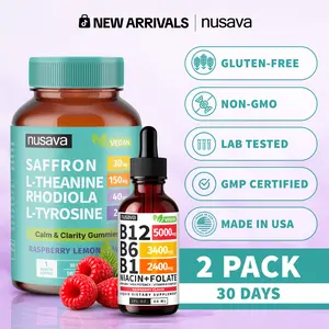 (2-PACK) NUSAVA Calm Energy Stack | Saffron Gummies + B12 Liquid Drops | Daily Mood, Focus & Sustained Energy Support | Saffron Extract, L-Theanine, Rhodiola + B12, B6, Folate | Vegan | Caffeine-Free | 2-Product Bundle